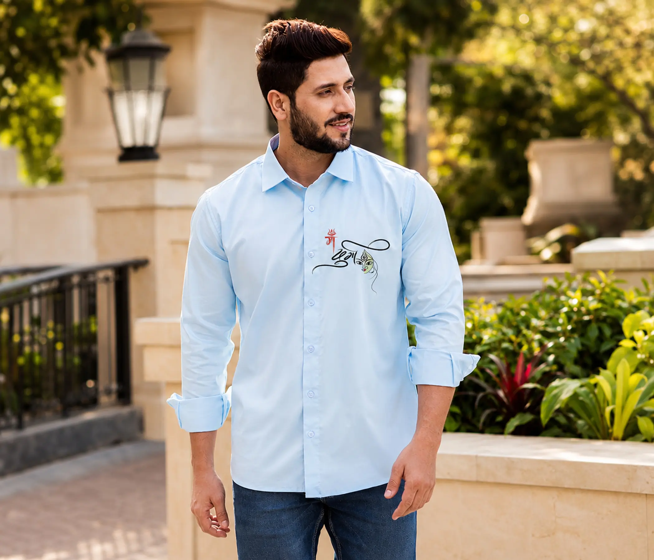 Sky Blue Hand-Painted Maa Durga Shirt for Perfect Mens Collection